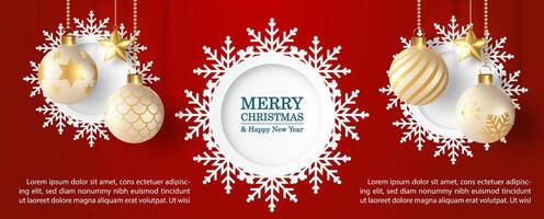 Christmas celebrated greeting card and poster in paper cut style with golden Christmas balls hanging, wording of event and example texts on red background vector