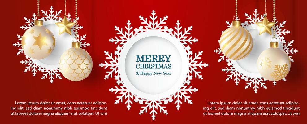 Christmas celebrated greeting card and poster in paper cut style with golden Christmas balls hanging, wording of event and example texts on red background