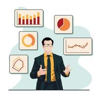Businessman in suit giving presentation, infographics, statistic data in charts vector