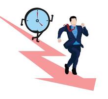 Businessman running away from giant clock, running out of time, work deadline, no face faceless illustration vector