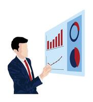Business man giving a presentation with graphs and charts. Simple minimal illustration. vector