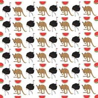 ostrich, kangaroo with fruit as a pattern background vector