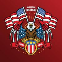 4th of July Independence Day Bald Eagle with American Flag Shield and Statue of Liberty Illustration for social media, flyers, web pages, print media, greeting card, invitation, banner vector