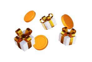3D white gift box adorned with a golden ribbon, surrounded by floating golden coins. vector