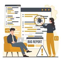 illustration of bug attack concept. Man and woman sitting on couch and looking for bugs in web browser. Internet security, antivirus protection. vector