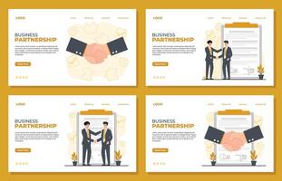 Business partnership hand shake landing page flat design template. Concepts for web banners and printed materials. vector