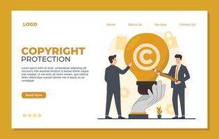 Intellectual property landing page template illustration of web page design template with business people holding big lightbulb. vector