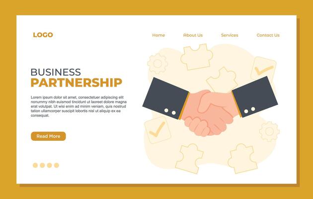 Business partnership landing page template with handshake and jigsaw puzzle pieces.