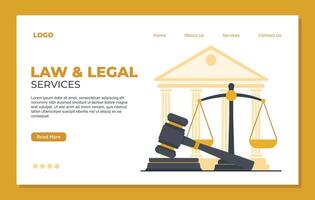 Law and Legal services website landing page flat template. Judge gavel and scales. vector