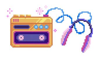 Retro Pixel Art Cassette Player with Headphones. vector