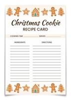 Christmas cookie recipe empty card with cute gingerbread house, fir tree, man, star. Blank page for ingredients and directions. Background for New year baking. Illustration. vector