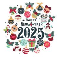 A colorful Christmas ornament with a snowman and a santa Claus. The words Happy New Year 2025 are written in the center of the circle vector