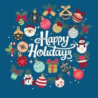 A blue background with a large circle of Christmas ornaments and a large word Happy Holidays written in white vector