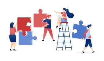 illustration of Work Team and Female Leadership. A Woman Directing Her Team to Build and Complete a Puzzle, Illustrating the Branding Process and Teamwork in Corporations vector