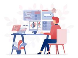 illustration of Freelance programmer sitting at a desk, analyzing and debugging software bugs while coding in a digital workspace, showcasing remote work, tech innovation, and IT development vector