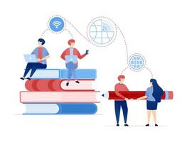 illustration of Students Explore Learning Opportunities by Sitting on Books and Using Internet Technology for Collaboration. Can be used for banners, websites, apps flyers vector