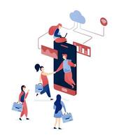 illustration of People connecting and referring each other to find their dream careers and jobs, leveraging mobile apps and the internet for career success and networking vector