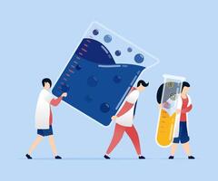 illustration of Students and doctors carrying beakers and test tubes filled with chemical liquids for medical and educational experiments in a laboratory setting vector
