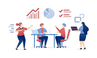 illustration of people debating and discussing the companys performance based on graphs and strategic planning to ensure corporate growth, achievement, and future success vector