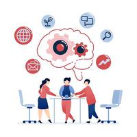illustration of People collaborating in meetings to discuss company plans and strategies, symbolized by brains and wheels, representing teamwork and strategic thinking vector
