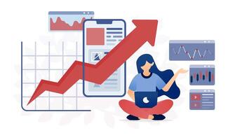 illustration of Young girls learning financial literacy, data analysis, statistics, and accounting through mobile apps in a modern digital education environment vector