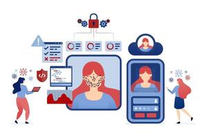illustration of Women using facial recognition and biometric security technology to log into apps with a selfie on their smartphone, symbolizing advanced security features vector