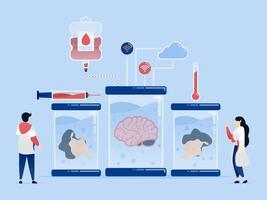 illustration of Professors and doctors conducting experiments using cloud technology and artificial intelligence in laboratories to treat viruses and improve medical education vector