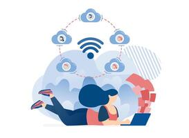 Internet of things to Share. Girl or People Can Work With Friend Anywhere Using Internet and Wifi Network vector