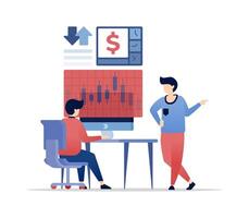 illustration of People reviewing and discussing investment stocks and banking strategies at work desks to achieve profit through financial transactions and smart investment planning vector