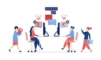illustration of People collaborating remotely with the help of live and chat, connecting through virtual meetings and enhancing communication for work productivity vector