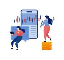 illustration of Women in investment and trading using mobile apps for stock and cryptocurrency trading, symbolized by candlestick charts representing financial growth and analysis vector
