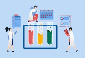 illustration of Doctors and students checking and recording liquids in test tubes to create the best formula for medicine and chemical compounds in the lab vector