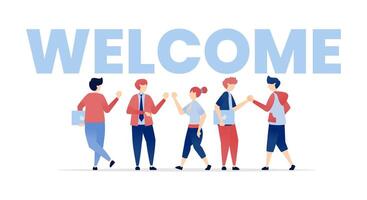 illustration of Large Welcome Text with Friendly Young Men and Women Below, Greeting and Welcoming Users, Perfect for Homepage and Website Opening for Online Platforms vector