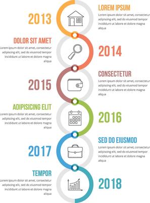 Vertical timeline infographics template with colorful circles, workflow or process diagram