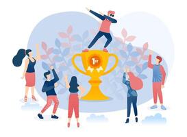 Employee Successfully Achieve Target, Celebrate by Standing in First Trophy and Appreciated by Colleagues vector