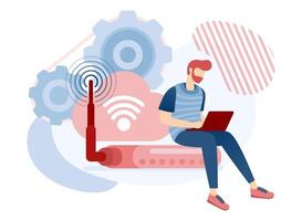 Men Sitting on Router Hub and Connected to Wifi Internet Network. Internet of Things to Get Information and Data vector