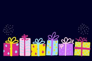 Gift boxes. Festive present flat greeting card. Copy space. Template. vector