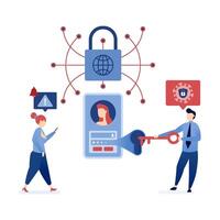 illustration of People logging into accounts with biometric security, such as facial recognition and fingerprint scans, connected to the internet for enhanced data protection vector