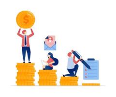 illustration of People Climb Coin Piles Representing Financial Growth, Career Success, and Investment Profit Achievement. Can be used for banners, websites, apps flyers vector