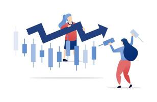 illustration of Women in stock market performance and investment, playing and determining options through candlestick charts to make informed financial decisions vector
