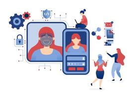 illustration of Women excelling in coding and security jobs, developing secure face recognition systems, and managing data access on smartphones with advanced technology vector