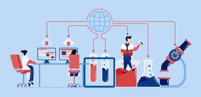 illustration of Doctors and professors leverage internet and network technology to conduct experiments on chemical methods and treatments in the laboratory to advance medical science vector