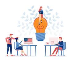 illustration of Creative brainstorming session in office space with professionals collaborating, finding new ideas and solutions symbolized by a light bulb flourish vector