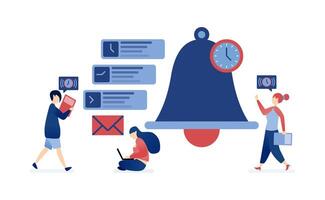 illustration of People engaging in activities around a large bell, symbolizing time planning, scheduling, and effective time management for increased productivity and task organization vector