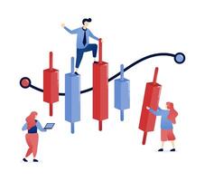 illustration of People analyzing candlestick charts in the stock market, using high-risk investment strategies, managing financial risks, and navigating market volatility for high returns vector