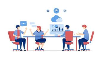 illustration of Corporate Teams Meet to Discuss Achievements, Analyze Trends, and Plan Strategies for a Successful Future. Can be used for banners, websites, apps flyers vector