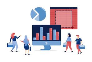 illustration of People analyzing bar charts on large monitors for business review and accounting planning in corporate settings with spreadsheets for growth vector