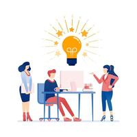 illustration of Modern flat design illustration featuring teamwork, collaboration, and brainstorming with professionals in an office environment showcasing innovation, leadership, creativity vector