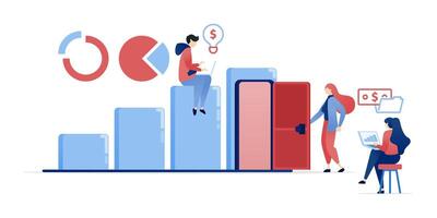 illustration of People unlock career and financial success by visualizing growth and opportunities, represented by a growing bar chart that symbolizes open doors to achievement vector