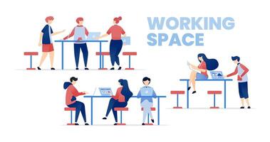illustration of Creating Safe and Comfortable Working Spaces. People Discussing, Collaborating, and Developing a Productive Workspace to Foster Career Development and Company Growth vector